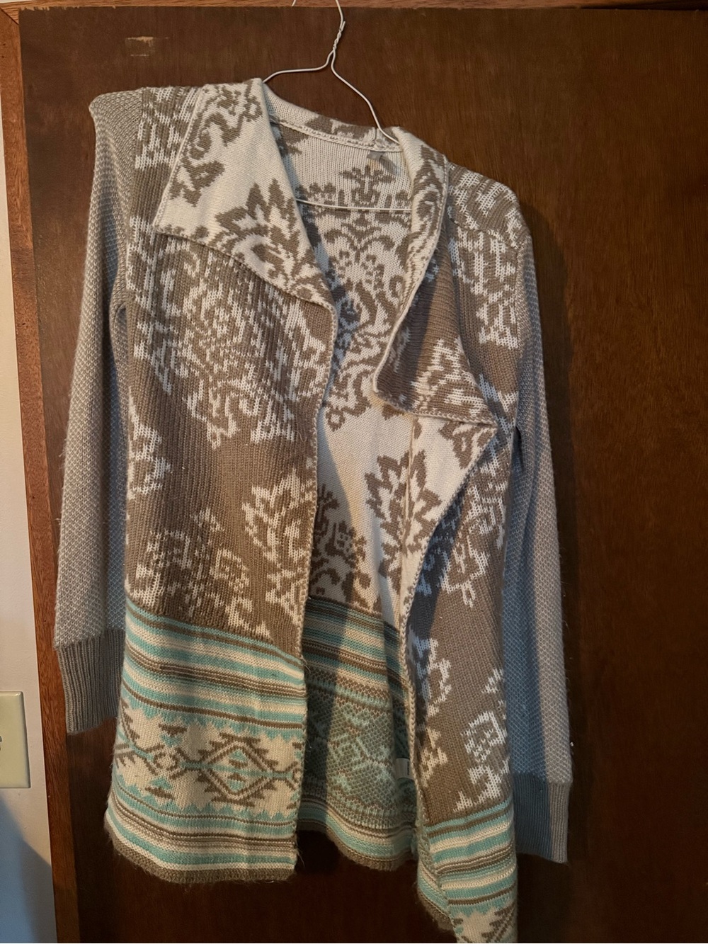 Vanity Cream, Taupe & Mint Patterned Open-Front Cardigan
